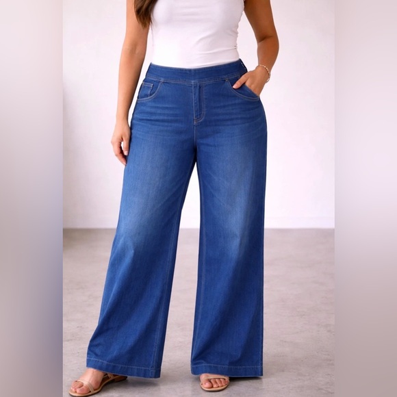 HALARA Pants - Halara Wide-Leg Blue Denim Women's Pull-On Stretch Solid Jeans Pockets Womens M